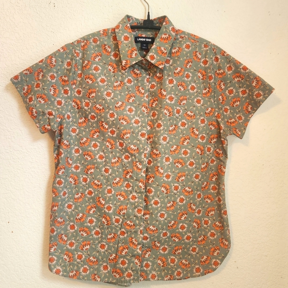 Lands'‎ End Women's No Iron Supima Cotton Short Sleeve Floral Shirt, Size 12